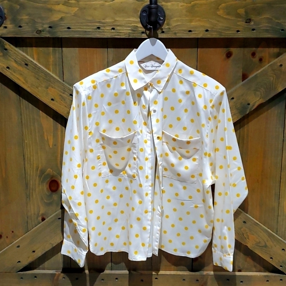 Vintage LONG SLEEVE BUTTON DOWN BLOUSE TOP YELLOW Polkadots Retro Pop SIZE 14